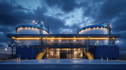 Obraz premium A modern industrial facility featuring large storage tanks, illuminated against a dramatic evening sky.
