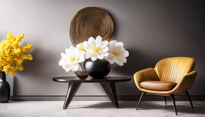 yellow flower in a vase with sofa