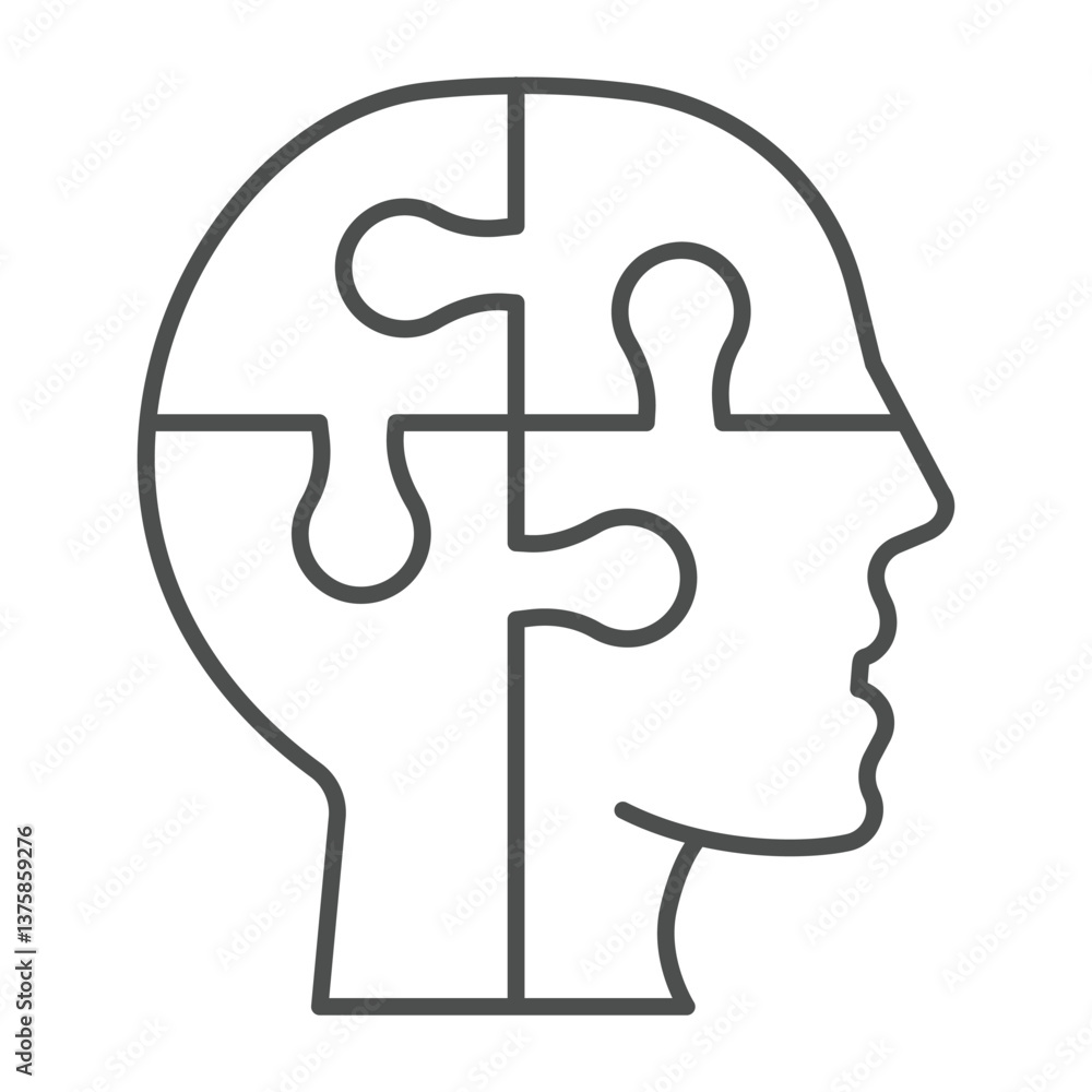 Aufkleber puzzle head thin line icon, neural network concept. vector graphics. human head with puzzle, logic t