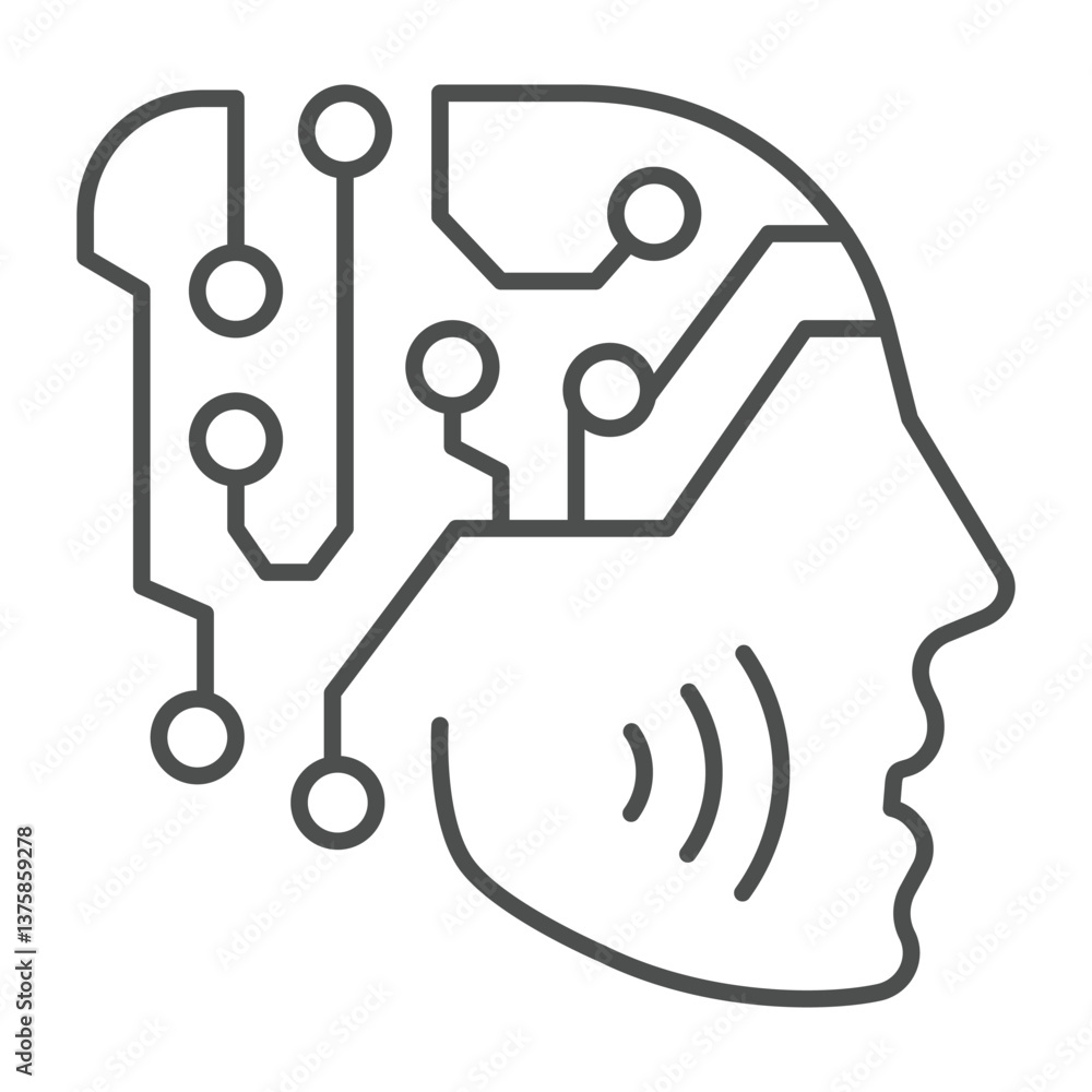 Poster human face with connections thin line icon, neural network concept. vector graphics. head of robot, 