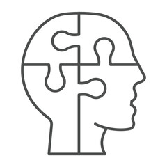 Puzzle head thin line icon, neural network concept. Vector graphics. Human head with puzzle, logic training sign on white background, outline style icon for mobile or web design.