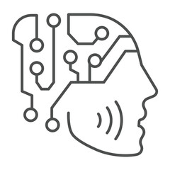 Human face with connections thin line icon, neural network concept. Vector graphics. Head of robot, artificial intelligence sign on white background, outline style icon for mobile or web design.