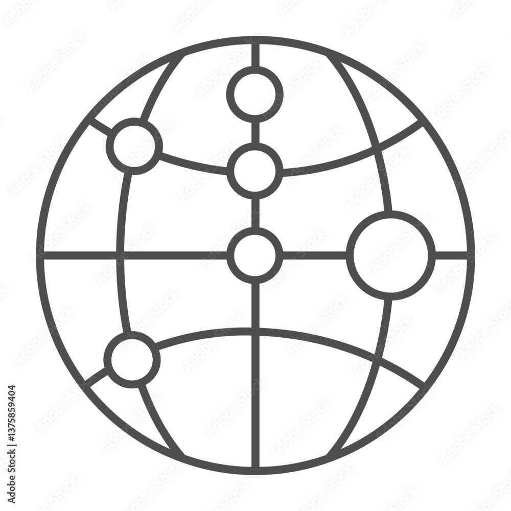 Poster world globe with pin points thin line icon, neural network concept. vector graphics. planet map with