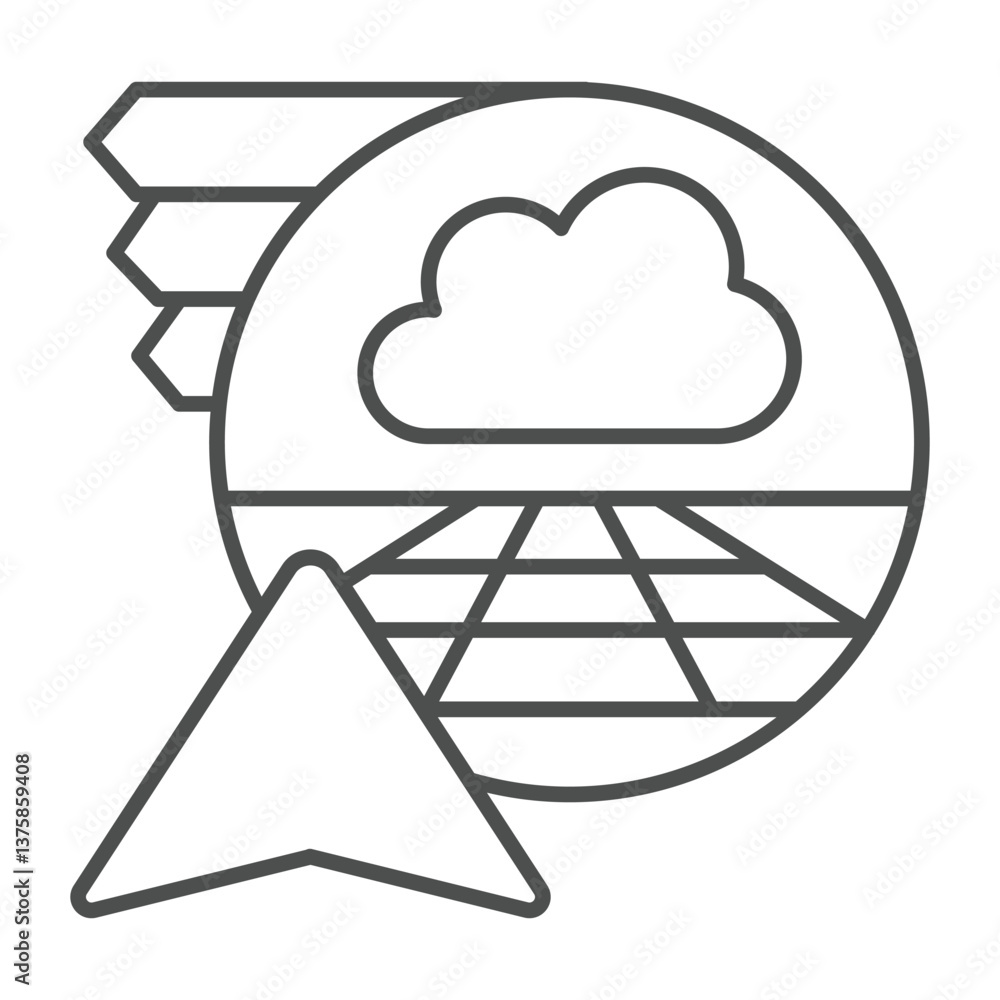 Poster cloud bubble with navigation cursor thin line icon, neural network concept. vector graphics. remote 