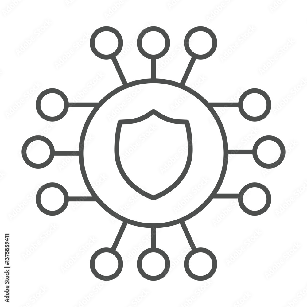 Fototapete Safety emblem with connections thin line icon, neural network concept. Vector graphics. Secure microchip, hardware support sign on white background, outline style icon for mobile or web design.