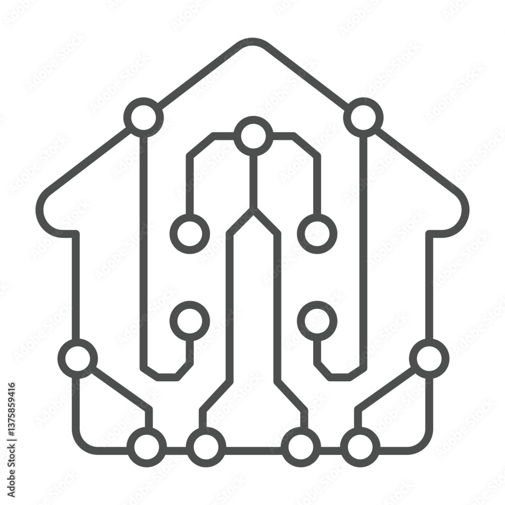 Poster home house with connections thin line icon, neural network concept. vector graphics. building with c