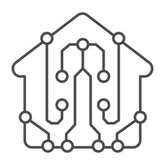 Home house with connections thin line icon, neural network concept. Vector graphics. Building with circuit grid, program sign on white background, outline style icon for mobile or web design.
