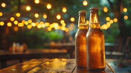 Cold beer bottles with condensation sit on wooden table, glowing under string lights at summer party, capturing refreshing craft beer in warm evening tones.