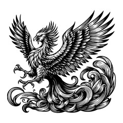 Obraz premium Phoenix sketch engraving black and white outline. Scratch board imitation. 