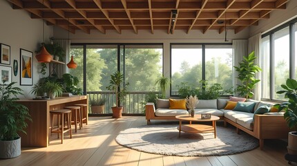 Fototapeta premium Modern living room with wooden furniture and a scenic view