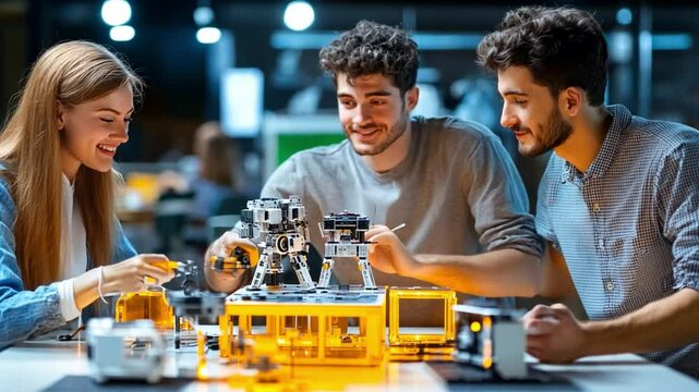 Building the Future: Enthusiastic group of young people engrossed in a collaborative robotics project, focusing on teamwork and innovation.