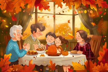 A Joyful Family Gathering Around the Table for a Heartwarming Thanksgiving Dinner Celebration