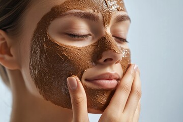 Woman with eyes closed applying a brown facial mask, enjoying a relaxing skincare treatment.