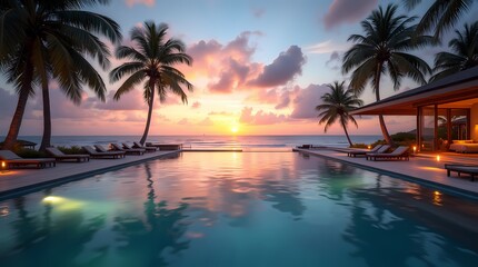 Sunset at tropical resort pool with palm trees by the beach