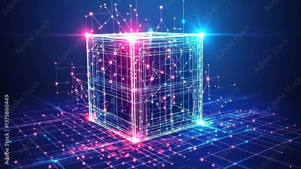 Aufkleber futuristic technology cube with neon glowing lines and data connections background