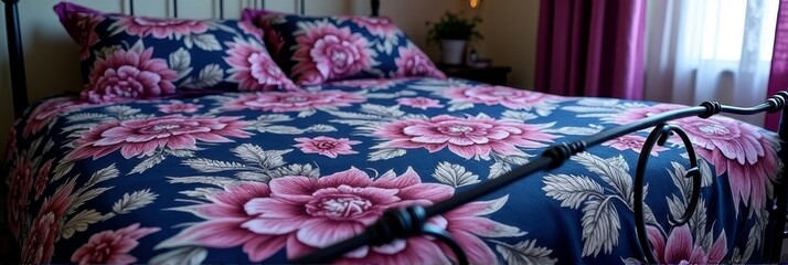 Floral bedding with pink and blue botanical design in cozy bedroom setting