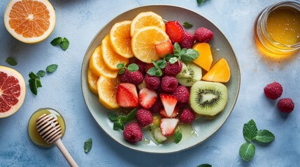 A stylish food photography flat lay with an assortment of ripe and juicy fruits, elegantly plated with a touch of honey drizzle.