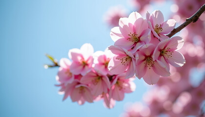 Obraz premium Sakura Flowers Blooming in Bright Blue Sky, Symbolizing Spring and Renewal