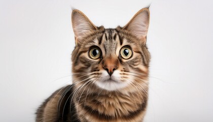 Obraz premium elegant curious cat with striking eyes on pure white background photorealistic portrait of whiskered feline