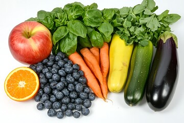 A paper bag full of fresh fruits and vegetables on a white background