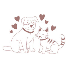 Friendship between a dog and a cat. Animals are surrounded by hearts.