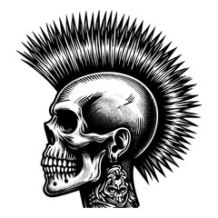 Naklejka premium Skull punk hairstyle engraving black and white outline. Scratch board imitation.