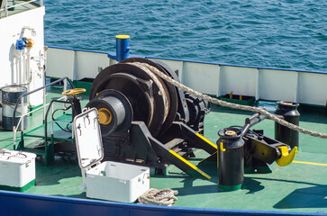 Towing winch on the deck of a tugboat