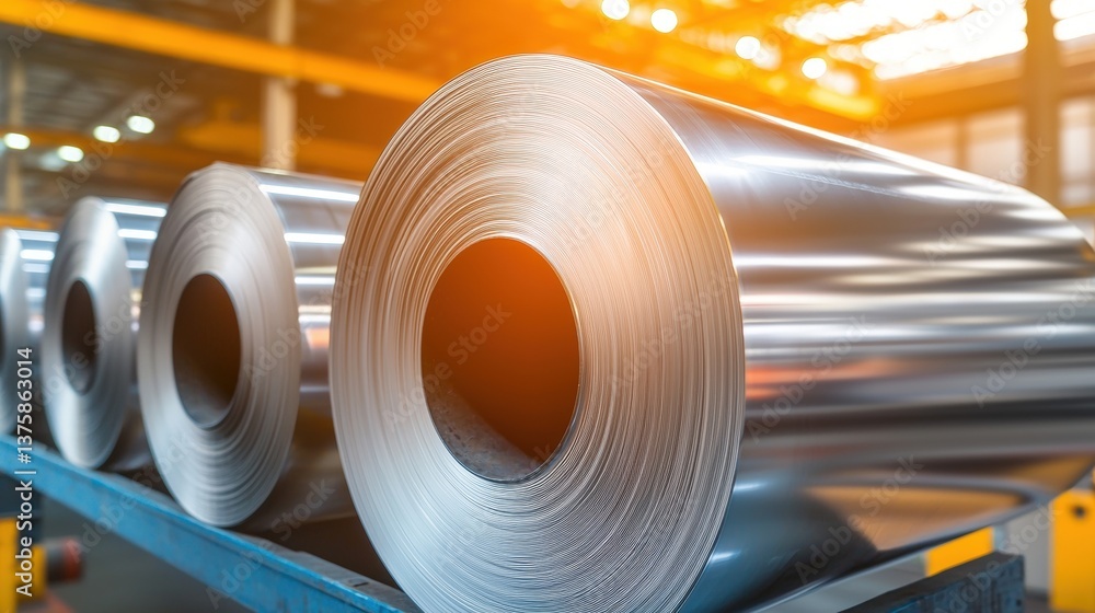 Poster a close-up view of large rolls of metallic material in a factory setting, showcasing their smooth su