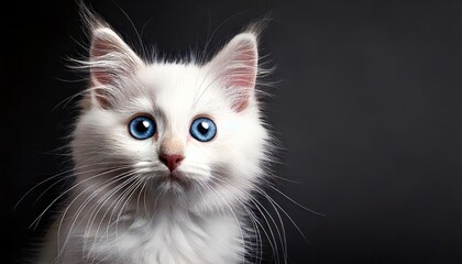 Obraz premium Cute white-furred kitten isolated on a dark background looking at the camera. Eye contact, the kitten stares intently. Copy space. IA