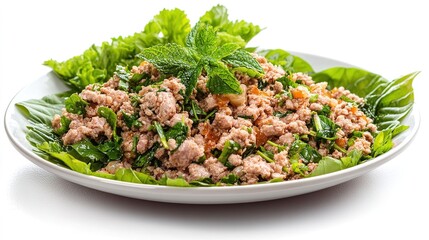 Spicy larb salad recipe laos cuisine food photography fresh ingredients close-up culinary delight