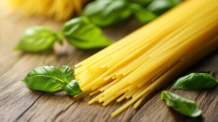 Stylish food photography featuring spaghetti pasta elegantly fanned out on a deep matte plate, with fresh basil leaves scattered around