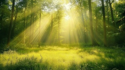 Fototapeta premium Magical Sunbeams Illuminating Lush Green Forest Tranquil Peaceful Serene Summer Nature Sunlight Rays Beams Through Trees Woods Woodland Scenery 