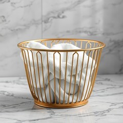 Fototapeta premium Gold-Reflected Laundry Basket Cleaner on Marble