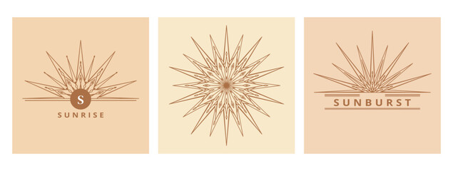 Hand drawn card of Sun, sunburst, light rays in line art. Bohemian symbol bursting sun rays. Magic vintage collection, antique style, boho, tattoo, emblem, logo. ​Vector set illustration on beige