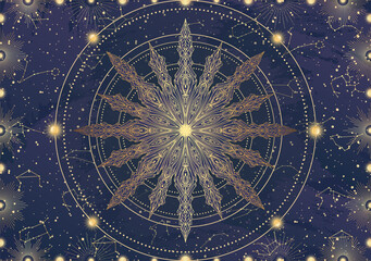 Card of golden star, sunburst, light rays, Sun. Constellation celestial space. Zodiac horoscope symbol, astrology talisman, spiritual sign, mystical icon, emblem. Magic galaxy vector illustration