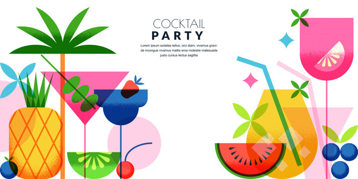 Cocktails party banner, poster. Vector illustration of alcoholic drinks and fruits. Bar cocktail menu design elements
