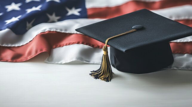 American Dream: A graduation cap, representing education and opportunity, rests against the backdrop of the American flag, symbolizing academic success and national pride.