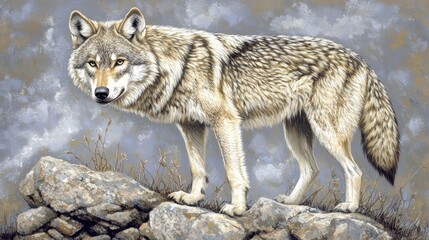 Obraz premium Wolf standing on rocks in mountainous terrain wildlife art nature scene dramatic sky artistic perspective