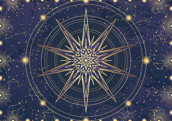 Card of golden star, sunburst, light rays, Sun. Constellation celestial space. Zodiac horoscope symbol, astrology talisman, spiritual sign, mystical icon, emblem. Magic galaxy vector illustration