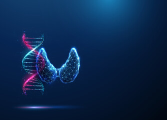 Abstract blue and purple DNA molecule helix and human thyroid gland. Genetic biotechnology engineering concept. Low poly futuristic technology digital style.
