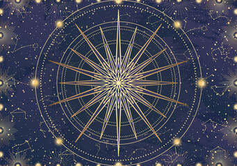 Card of golden star, sunburst, light rays, Sun. Constellation celestial space. Zodiac horoscope symbol, astrology talisman, spiritual sign, mystical icon, emblem. Magic galaxy vector illustration