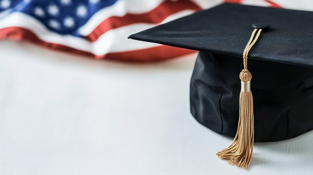 A Nation's Hope: Graduation cap against the backdrop of the US flag, a powerful visual testament to academic success, patriotism, and the pursuit of knowledge.