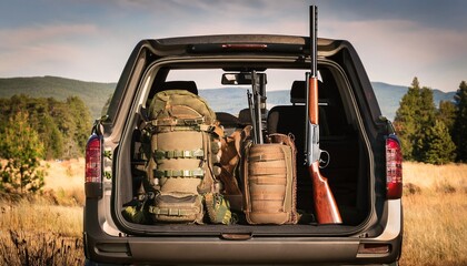 a pickup truck bed filled with hunting gear backpacks and firearms for outdoor activities