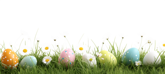 Colorful Polka Dot Eggs Amidst Green Grass and Daisies, Transparent Background
