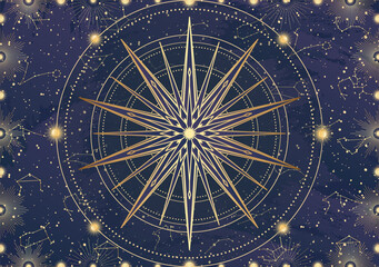 Obraz premium Card of golden star, sunburst, light rays, Sun. Constellation celestial space. Zodiac horoscope symbol, astrology talisman, spiritual sign, mystical icon, emblem. Magic galaxy vector illustration