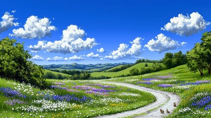 Vibrant Wildflower Meadow with Winding Dirt Road and Blue Sky