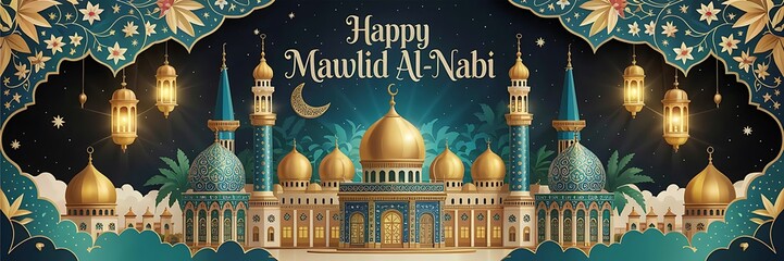Luxurious Mawlid al-Nabi Celebration Design Featuring Grand Golden Mosque Arabic Calligraphy Islamic Lanterns Ornamental Floral Patterns. Starry Night Background for Religious Events Festive Greetings
