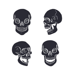 Hand drawn black silhouette human skulls set isolated on white background. Monochrome skeleton head desig
