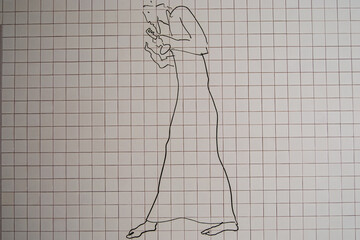 Linear drawing of a figure on a grid, minimalist artwork from Fatima, Portugal. Biblical scene.
