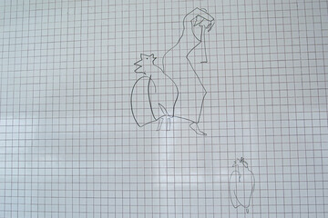 Minimalist line drawing of roosters on a grid background, Fatima, Portugal. Biblical scene.